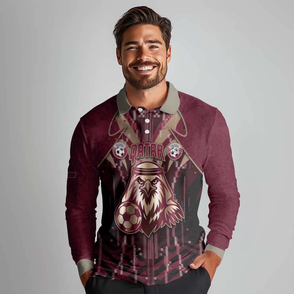Custom Qatar Football Long Sleeve Polo Shirt Glitch Style Falcon With Arabic Patterns