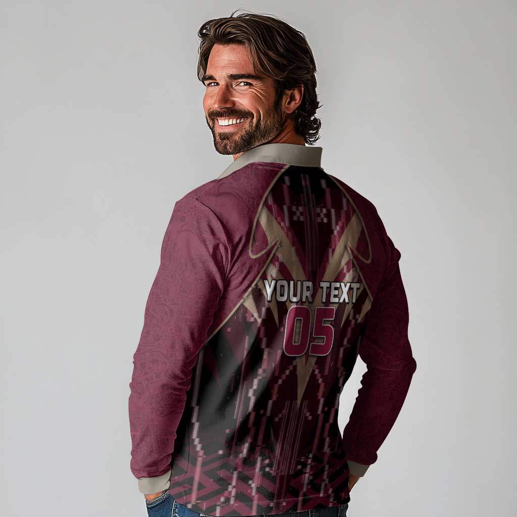 Custom Qatar Football Long Sleeve Polo Shirt Glitch Style Falcon With Arabic Patterns