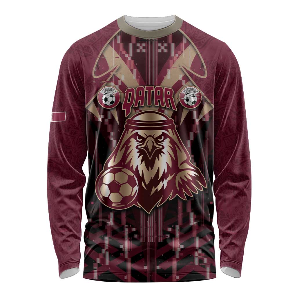 Custom Qatar Football Long Sleeve Shirt Glitch Style Falcon With Arabic Patterns