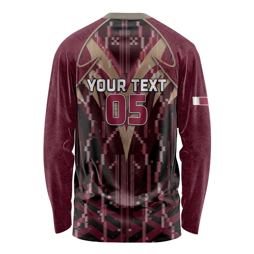 Custom Qatar Football Long Sleeve Shirt Glitch Style Falcon With Arabic Patterns