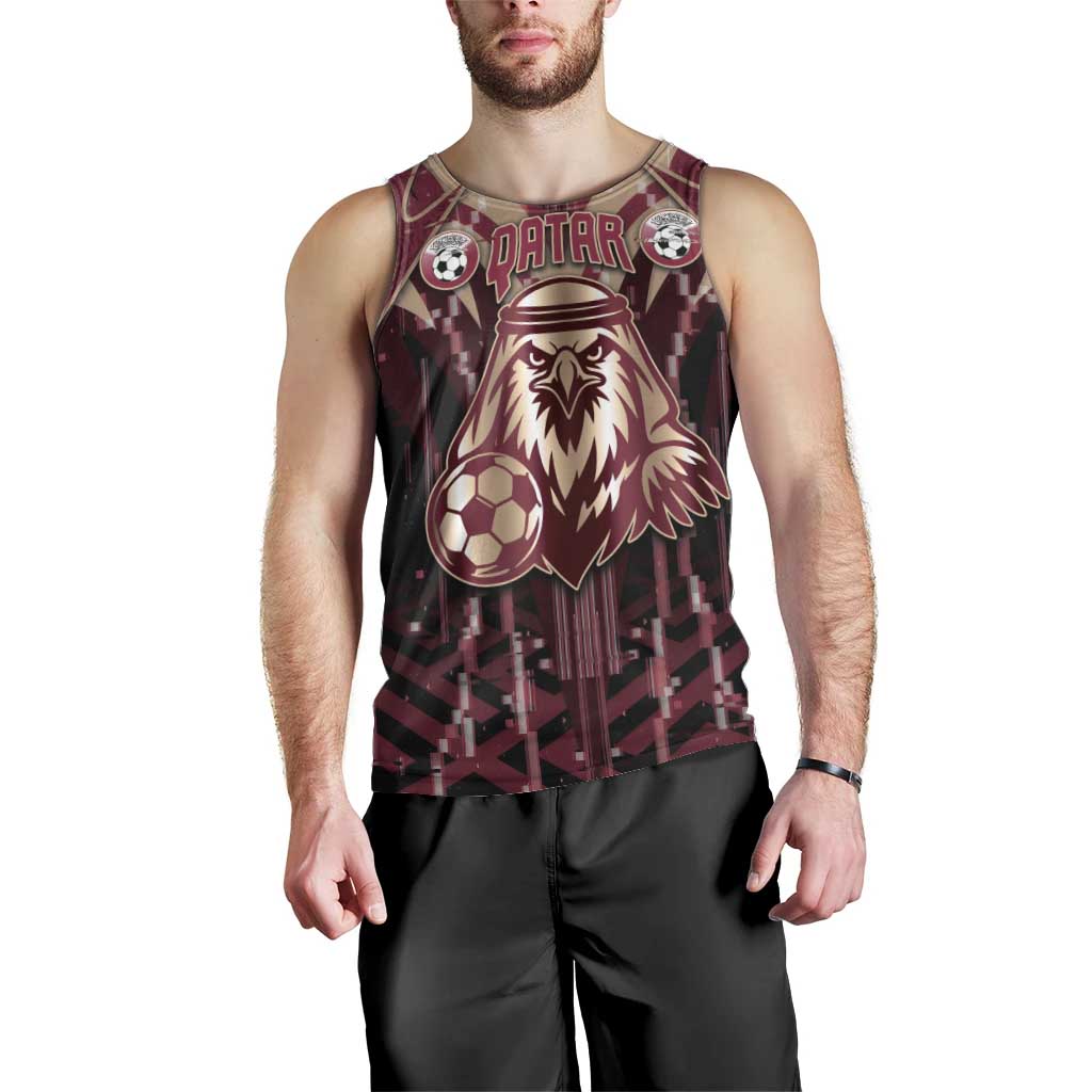 Custom Qatar Football Men Tank Top Glitch Style Falcon With Arabic Patterns