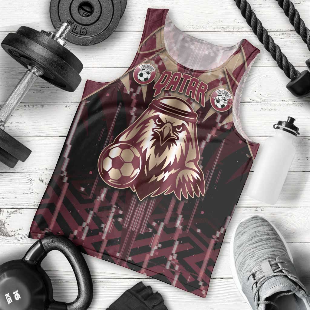 Custom Qatar Football Men Tank Top Glitch Style Falcon With Arabic Patterns