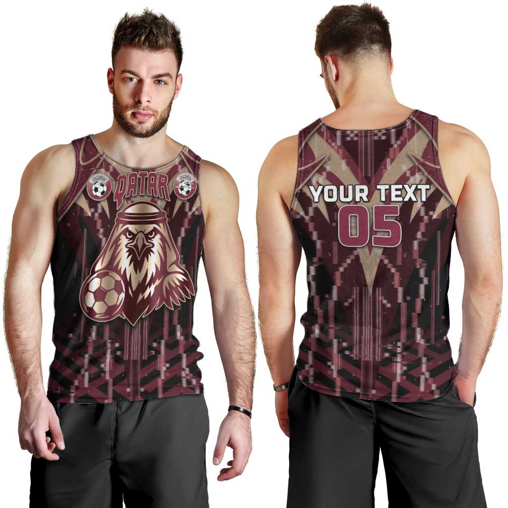 Custom Qatar Football Men Tank Top Glitch Style Falcon With Arabic Patterns