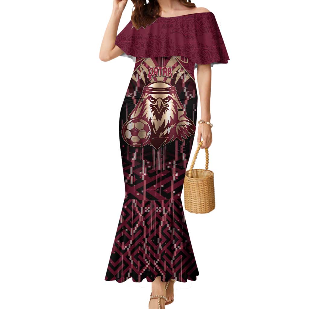 Custom Qatar Football Mermaid Dress Glitch Style Falcon With Arabic Patterns