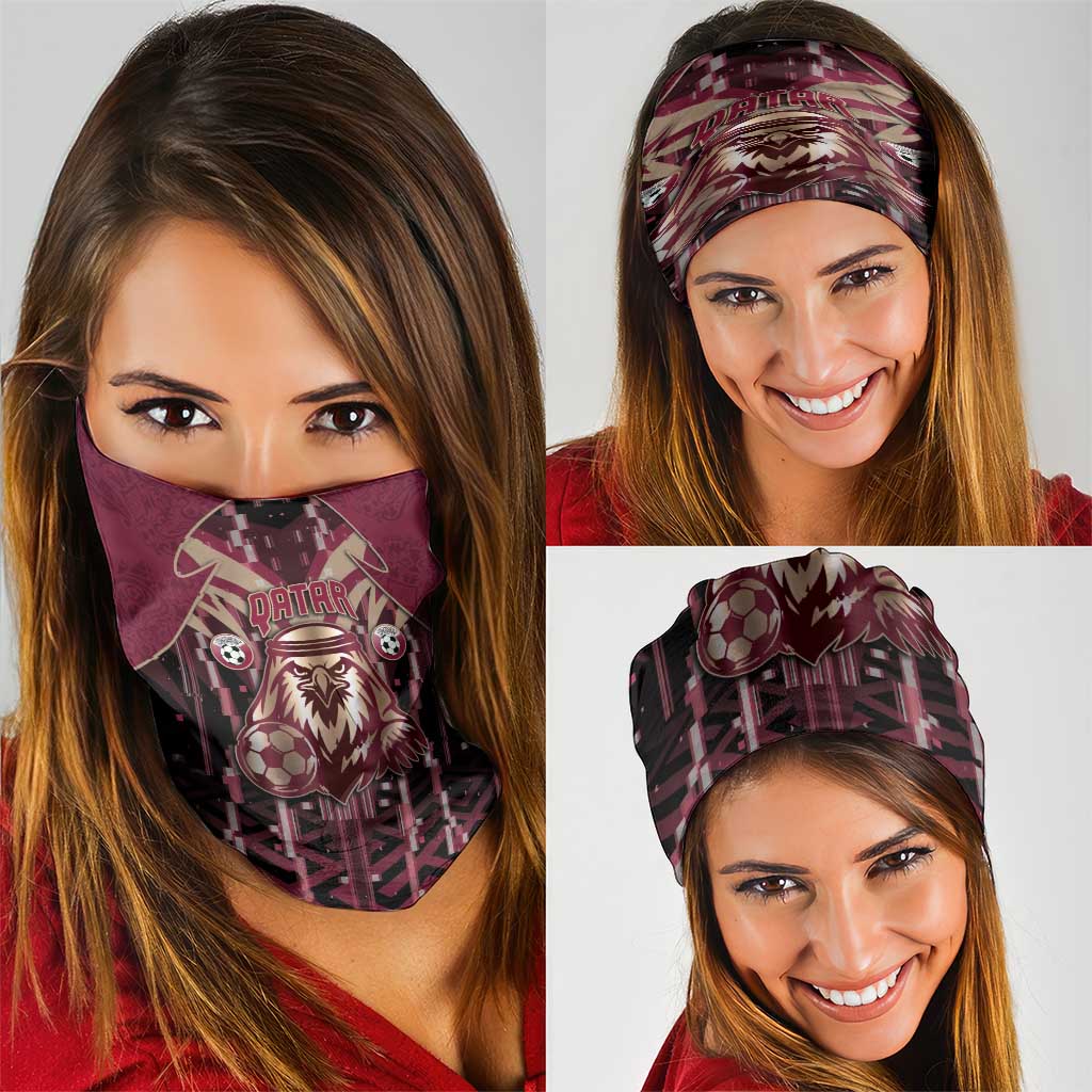 Qatar Football Neck Gaiter Glitch Style Falcon With Arabic Patterns