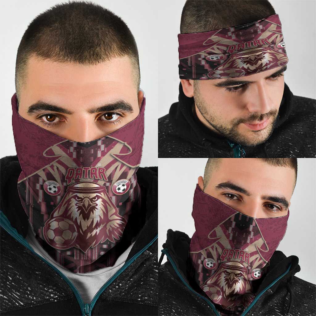 Qatar Football Neck Gaiter Glitch Style Falcon With Arabic Patterns