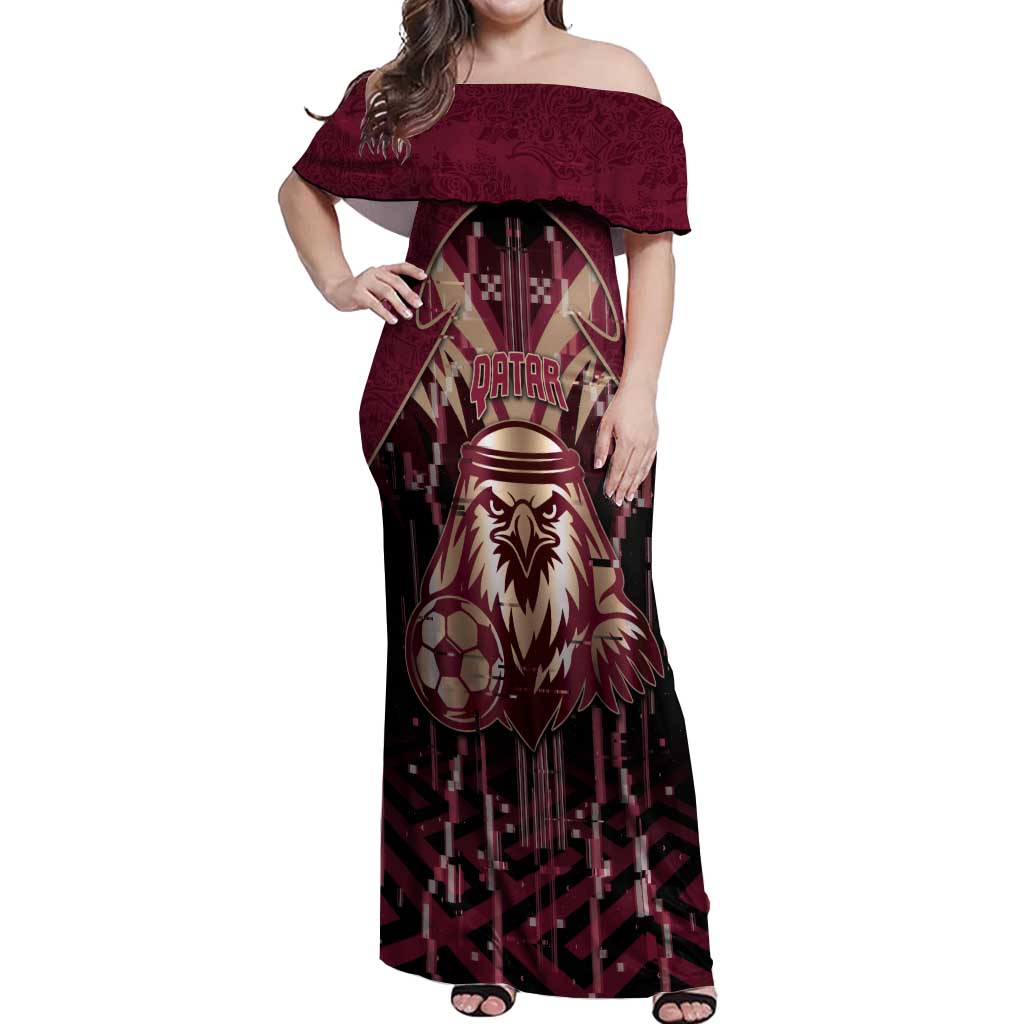 Custom Qatar Football Off Shoulder Maxi Dress Glitch Style Falcon With Arabic Patterns