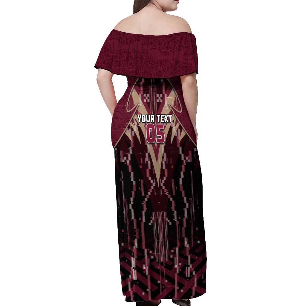 Custom Qatar Football Off Shoulder Maxi Dress Glitch Style Falcon With Arabic Patterns