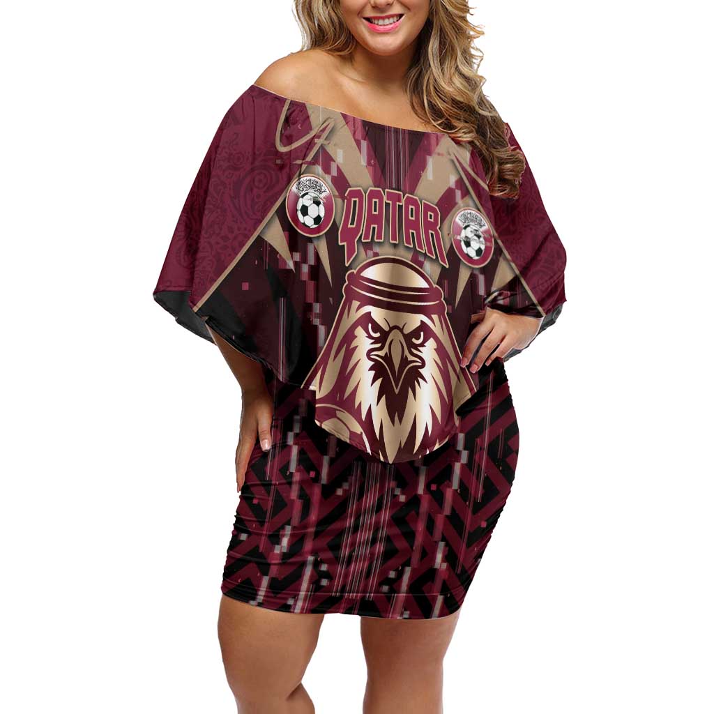 Custom Qatar Football Off Shoulder Short Dress Glitch Style Falcon With Arabic Patterns