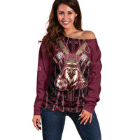 Custom Qatar Football Off Shoulder Sweater Glitch Style Falcon With Arabic Patterns
