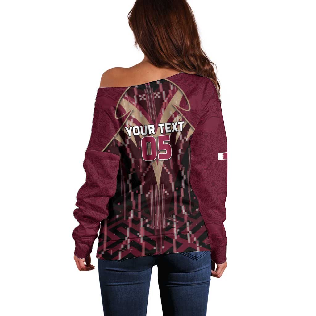 Custom Qatar Football Off Shoulder Sweater Glitch Style Falcon With Arabic Patterns
