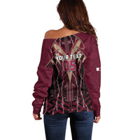 Custom Qatar Football Off Shoulder Sweater Glitch Style Falcon With Arabic Patterns