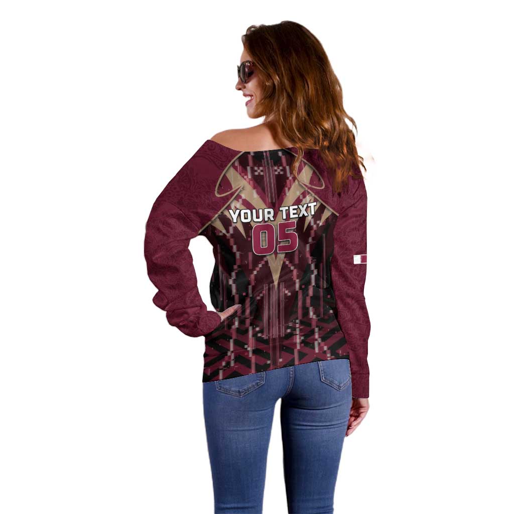 Custom Qatar Football Off Shoulder Sweater Glitch Style Falcon With Arabic Patterns