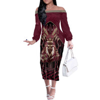 Custom Qatar Football Off The Shoulder Long Sleeve Dress Glitch Style Falcon With Arabic Patterns