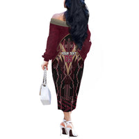 Custom Qatar Football Off The Shoulder Long Sleeve Dress Glitch Style Falcon With Arabic Patterns