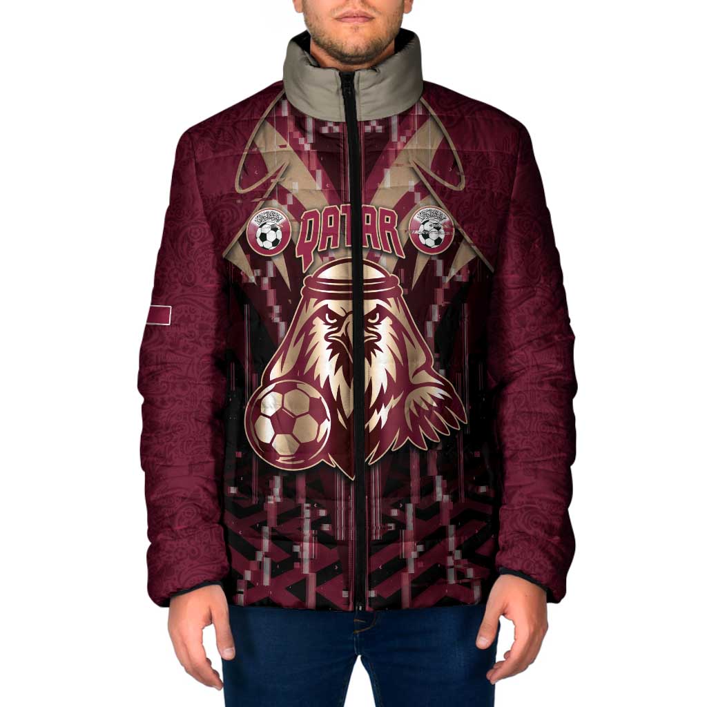 Custom Qatar Football Padded Jacket Glitch Style Falcon With Arabic Patterns