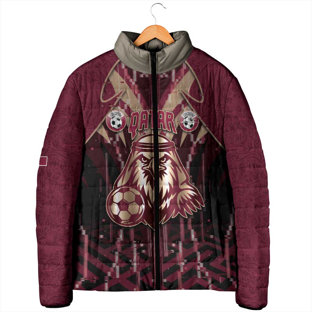 Custom Qatar Football Padded Jacket Glitch Style Falcon With Arabic Patterns