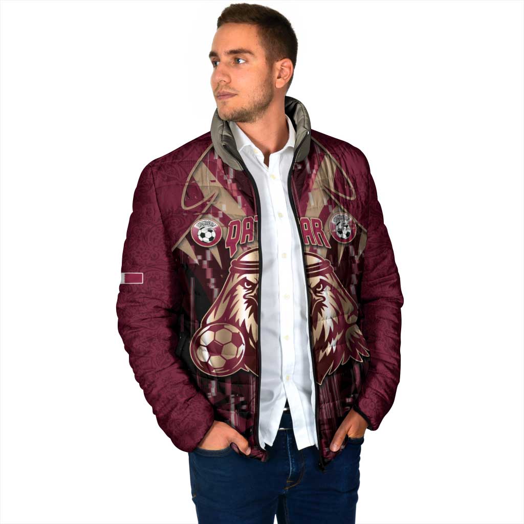 Custom Qatar Football Padded Jacket Glitch Style Falcon With Arabic Patterns