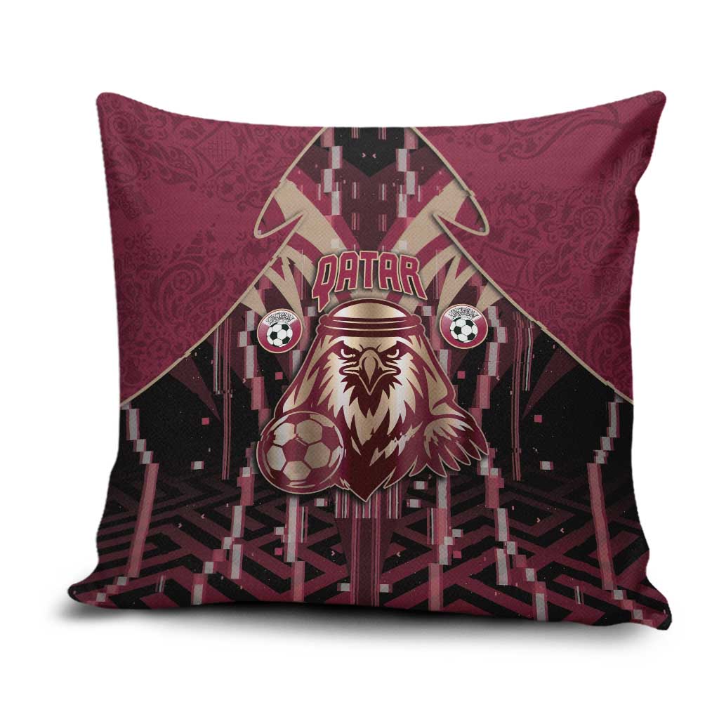 Qatar Football Pillow Cover Glitch Style Falcon With Arabic Patterns