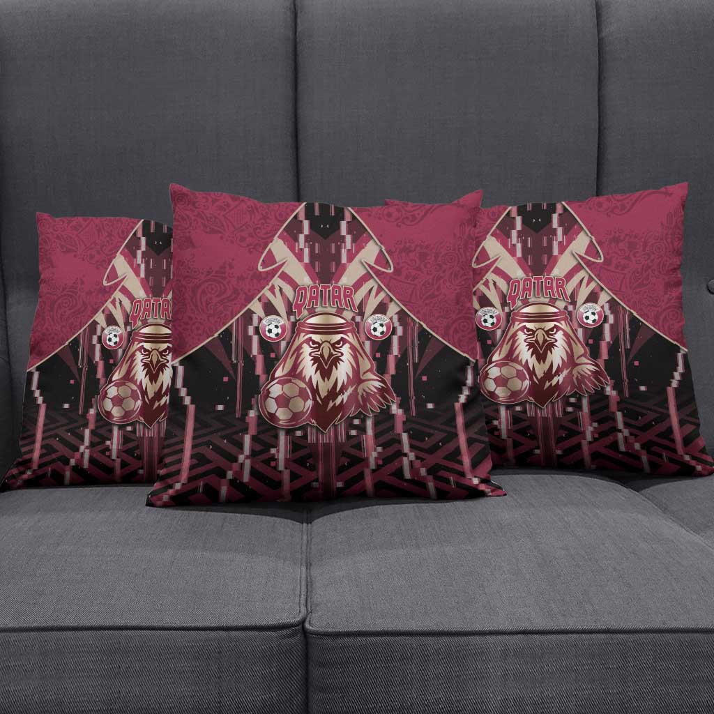 Qatar Football Pillow Cover Glitch Style Falcon With Arabic Patterns