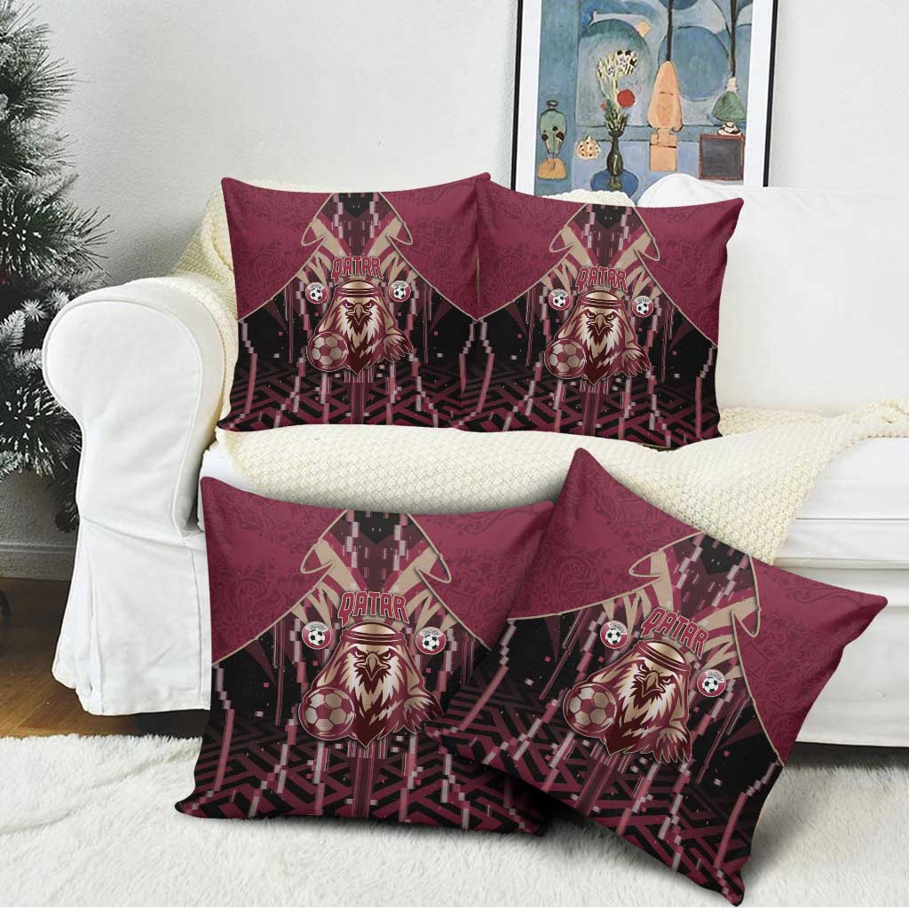 Qatar Football Pillow Cover Glitch Style Falcon With Arabic Patterns