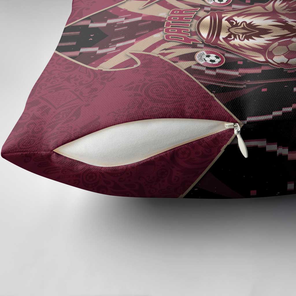 Qatar Football Pillow Cover Glitch Style Falcon With Arabic Patterns