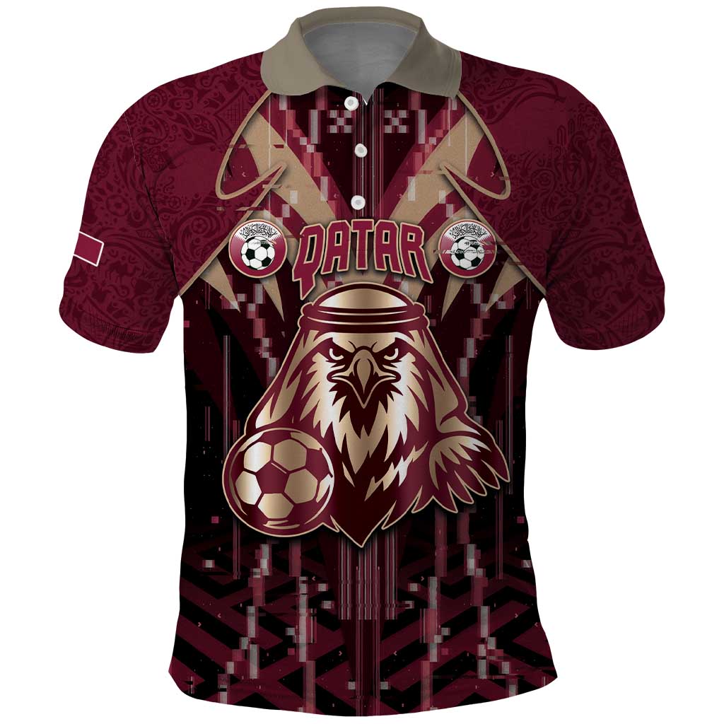 Custom Qatar Football Polo Shirt Glitch Style Falcon With Arabic Patterns