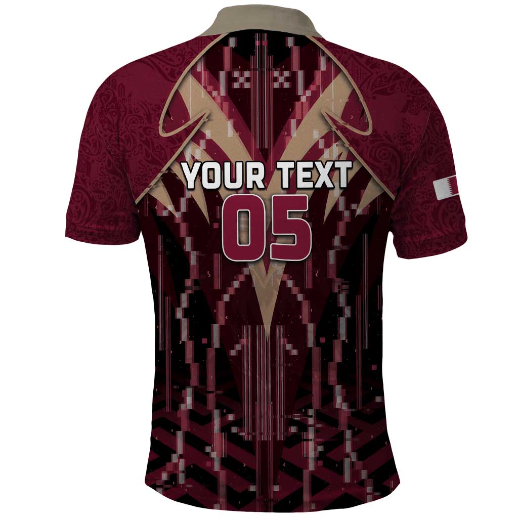 Custom Qatar Football Polo Shirt Glitch Style Falcon With Arabic Patterns