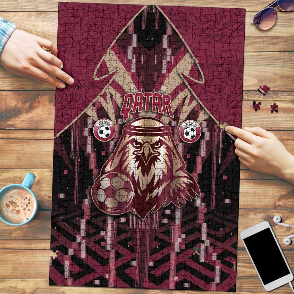 Qatar Football Puzzle Glitch Style Falcon With Arabic Patterns
