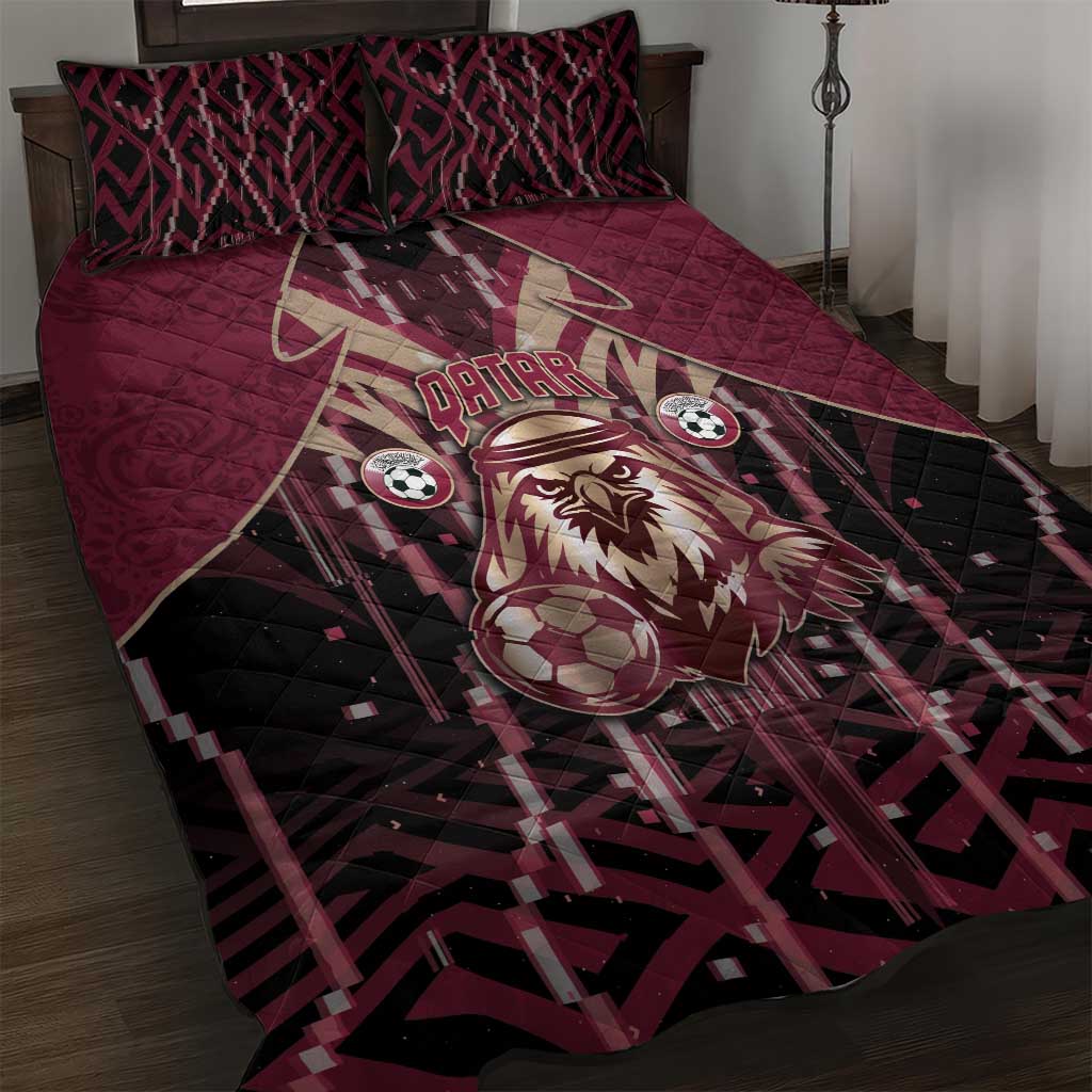 Qatar Football Quilt Bed Set Glitch Style Falcon With Arabic Patterns