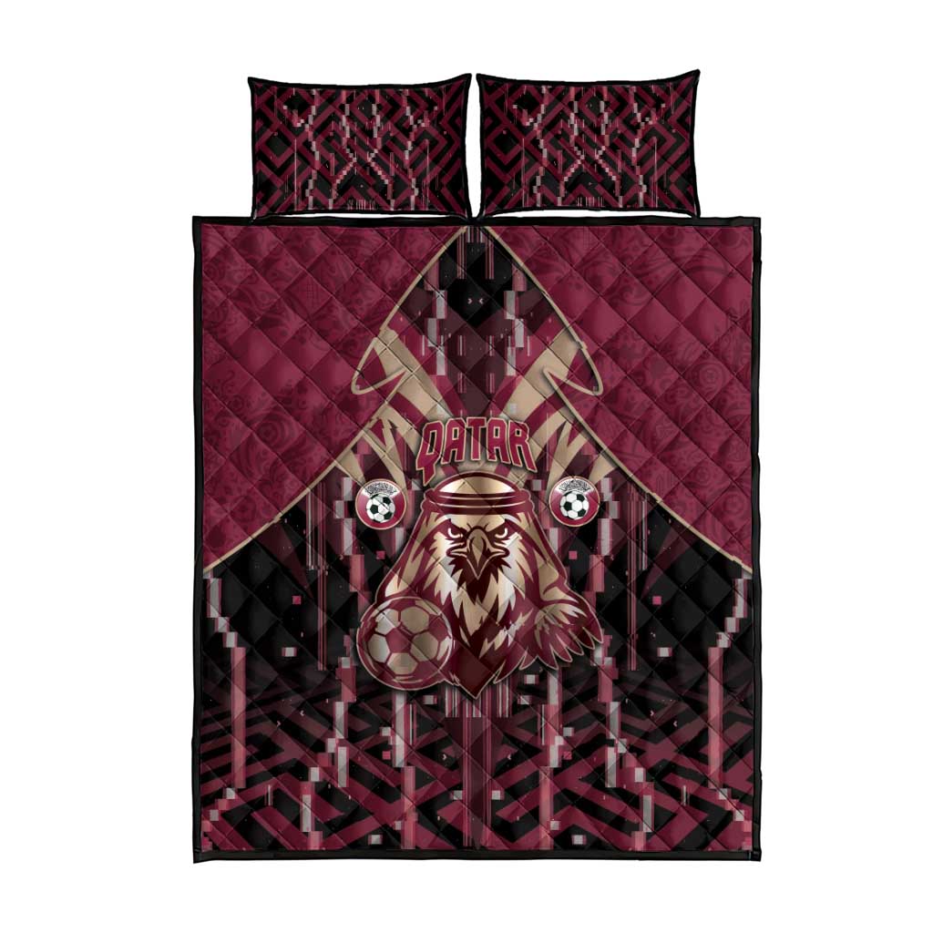 Qatar Football Quilt Bed Set Glitch Style Falcon With Arabic Patterns