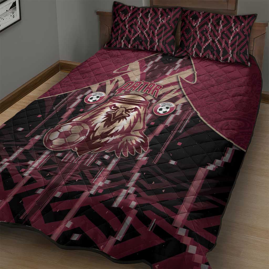Qatar Football Quilt Bed Set Glitch Style Falcon With Arabic Patterns