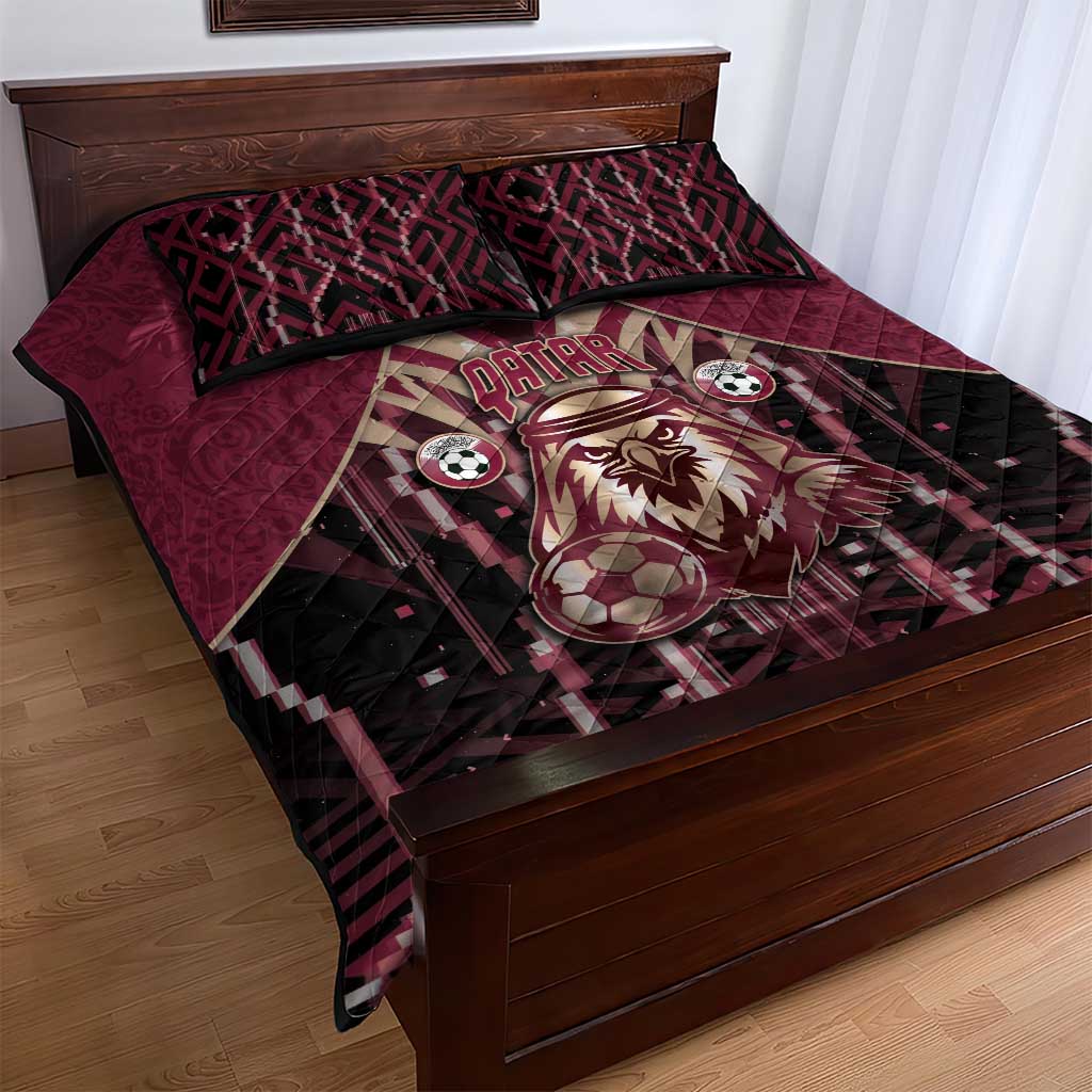 Qatar Football Quilt Bed Set Glitch Style Falcon With Arabic Patterns