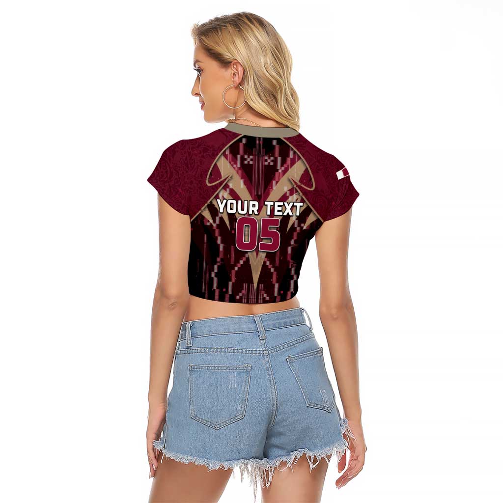 Custom Qatar Football Raglan Cropped T Shirt Glitch Style Falcon With Arabic Patterns
