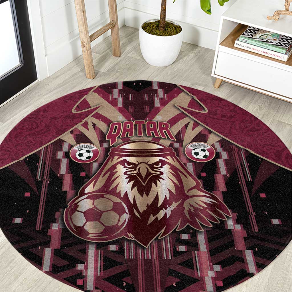 Qatar Football Round Carpet Glitch Style Falcon With Arabic Patterns