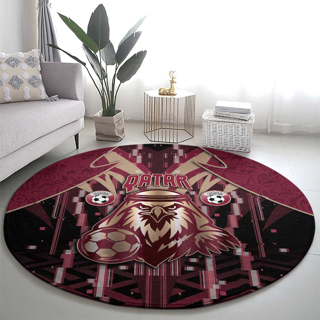 Qatar Football Round Carpet Glitch Style Falcon With Arabic Patterns