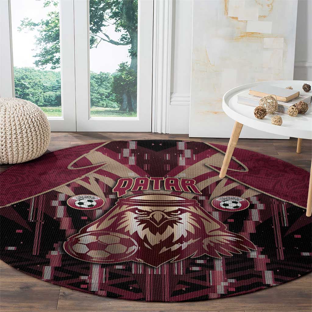 Qatar Football Round Carpet Glitch Style Falcon With Arabic Patterns