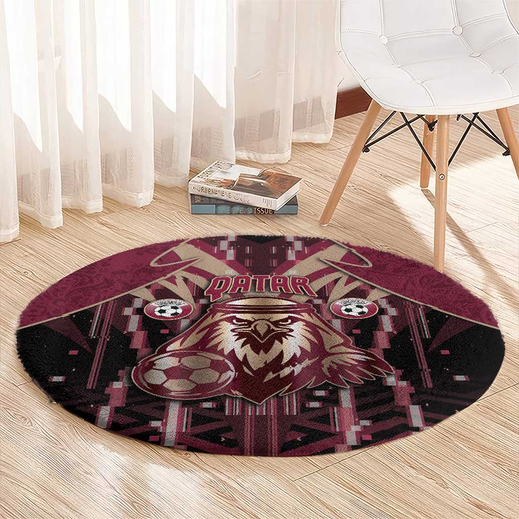 Qatar Football Round Carpet Glitch Style Falcon With Arabic Patterns
