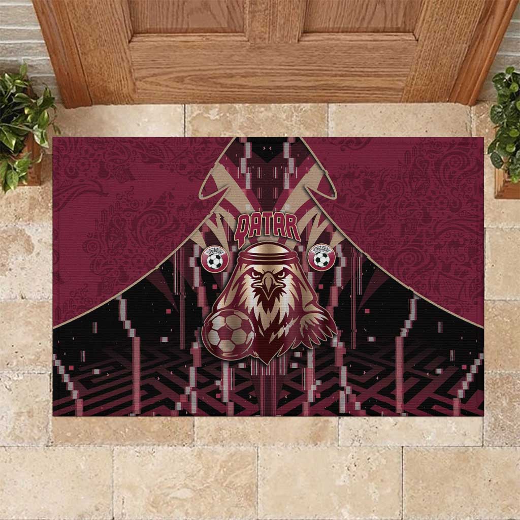 Qatar Football Rubber Doormat Glitch Style Falcon With Arabic Patterns