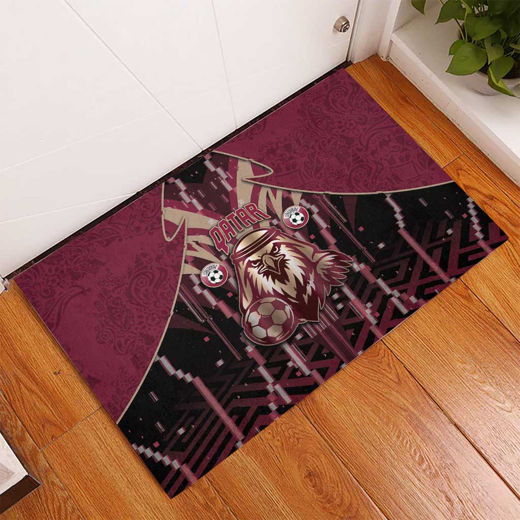 Qatar Football Rubber Doormat Glitch Style Falcon With Arabic Patterns