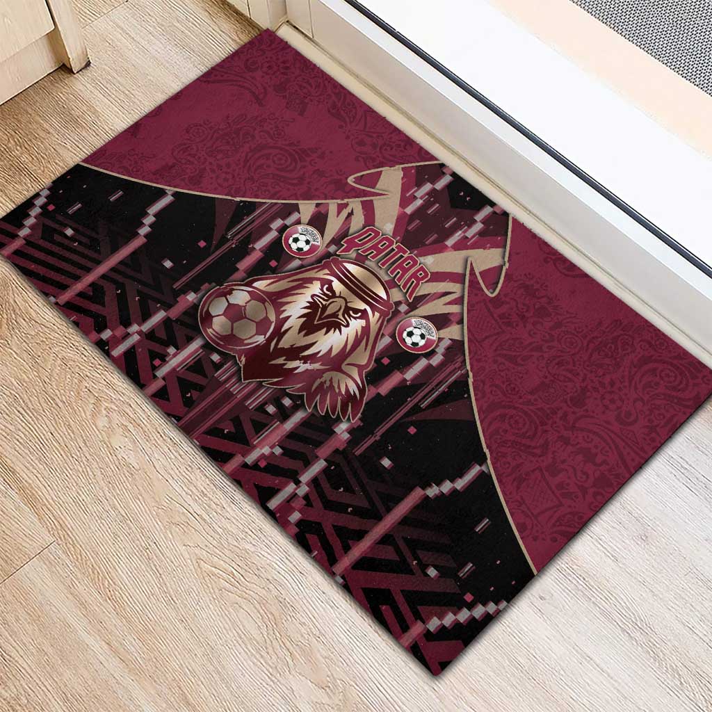 Qatar Football Rubber Doormat Glitch Style Falcon With Arabic Patterns