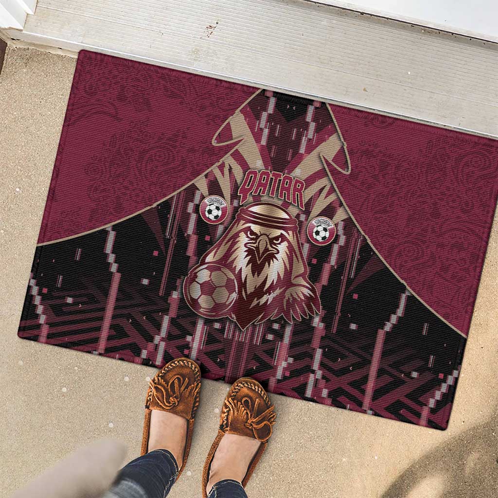 Qatar Football Rubber Doormat Glitch Style Falcon With Arabic Patterns