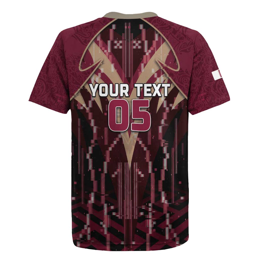 Custom Qatar Football Rugby Jersey Glitch Style Falcon With Arabic Patterns