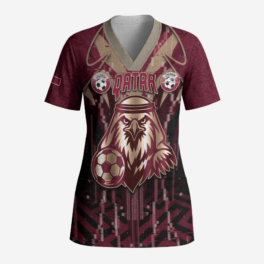 Custom Qatar Football Scrub Top Glitch Style Falcon With Arabic Patterns