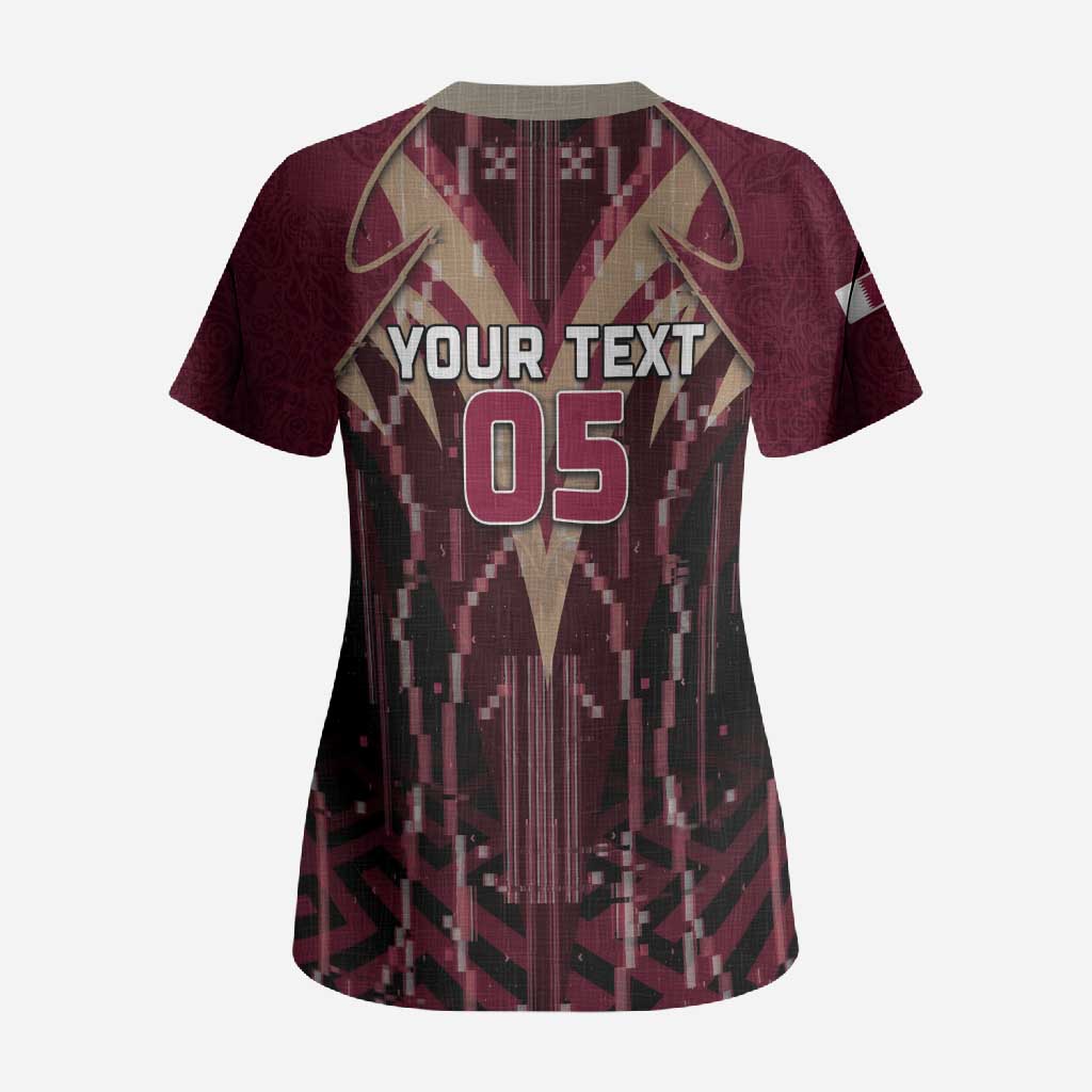 Custom Qatar Football Scrub Top Glitch Style Falcon With Arabic Patterns