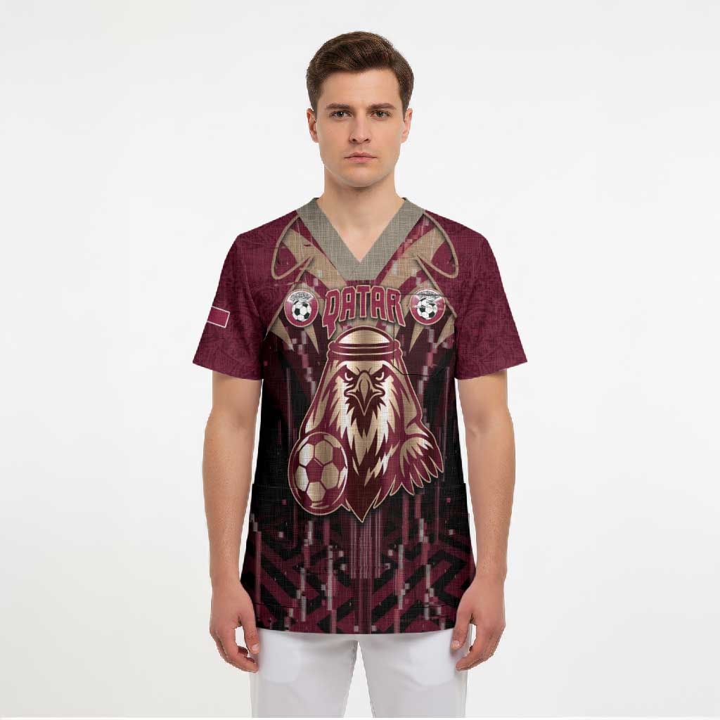 Custom Qatar Football Scrub Top Glitch Style Falcon With Arabic Patterns