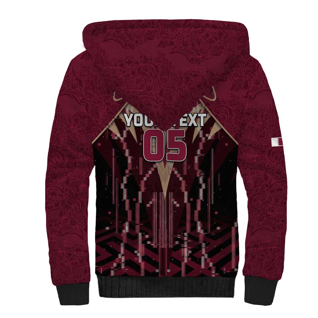Custom Qatar Football Sherpa Hoodie Glitch Style Falcon With Arabic Patterns