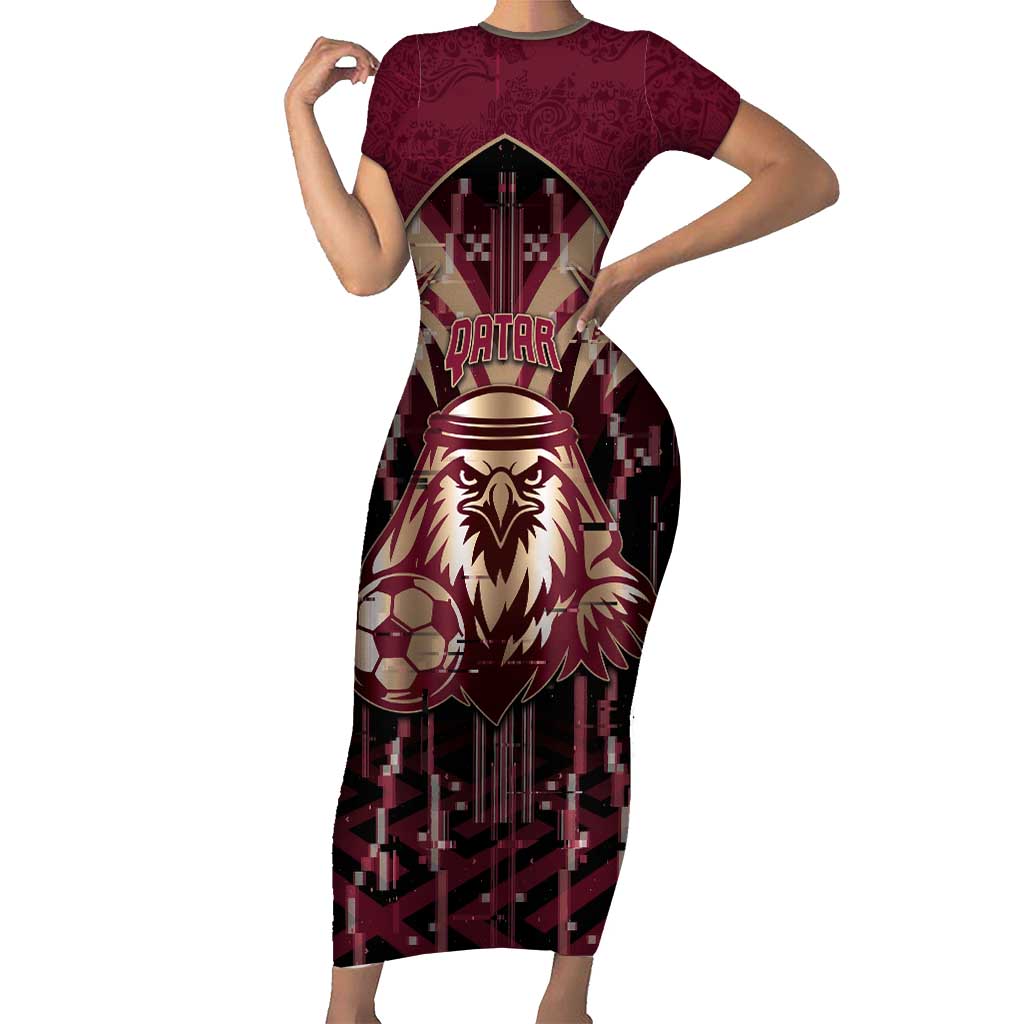 Custom Qatar Football Short Sleeve Bodycon Dress Glitch Style Falcon With Arabic Patterns