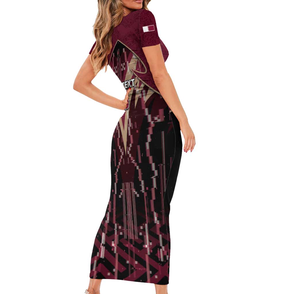 Custom Qatar Football Short Sleeve Bodycon Dress Glitch Style Falcon With Arabic Patterns