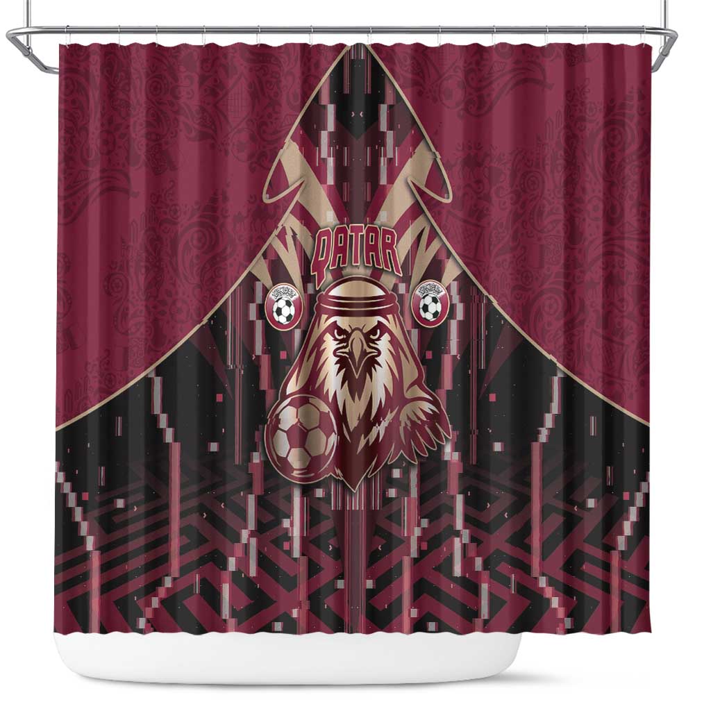 Qatar Football Shower Curtain Glitch Style Falcon With Arabic Patterns